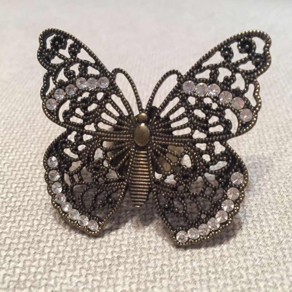 Stunning Brass and Crystal Butterfly Ring